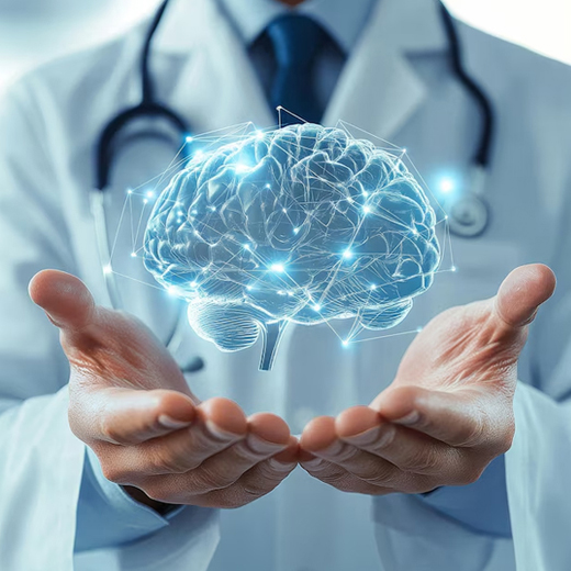 Illustration of the brain above a clinician’s open hands