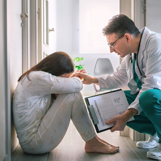 Doctor with a clipboard comforting a distressed patient