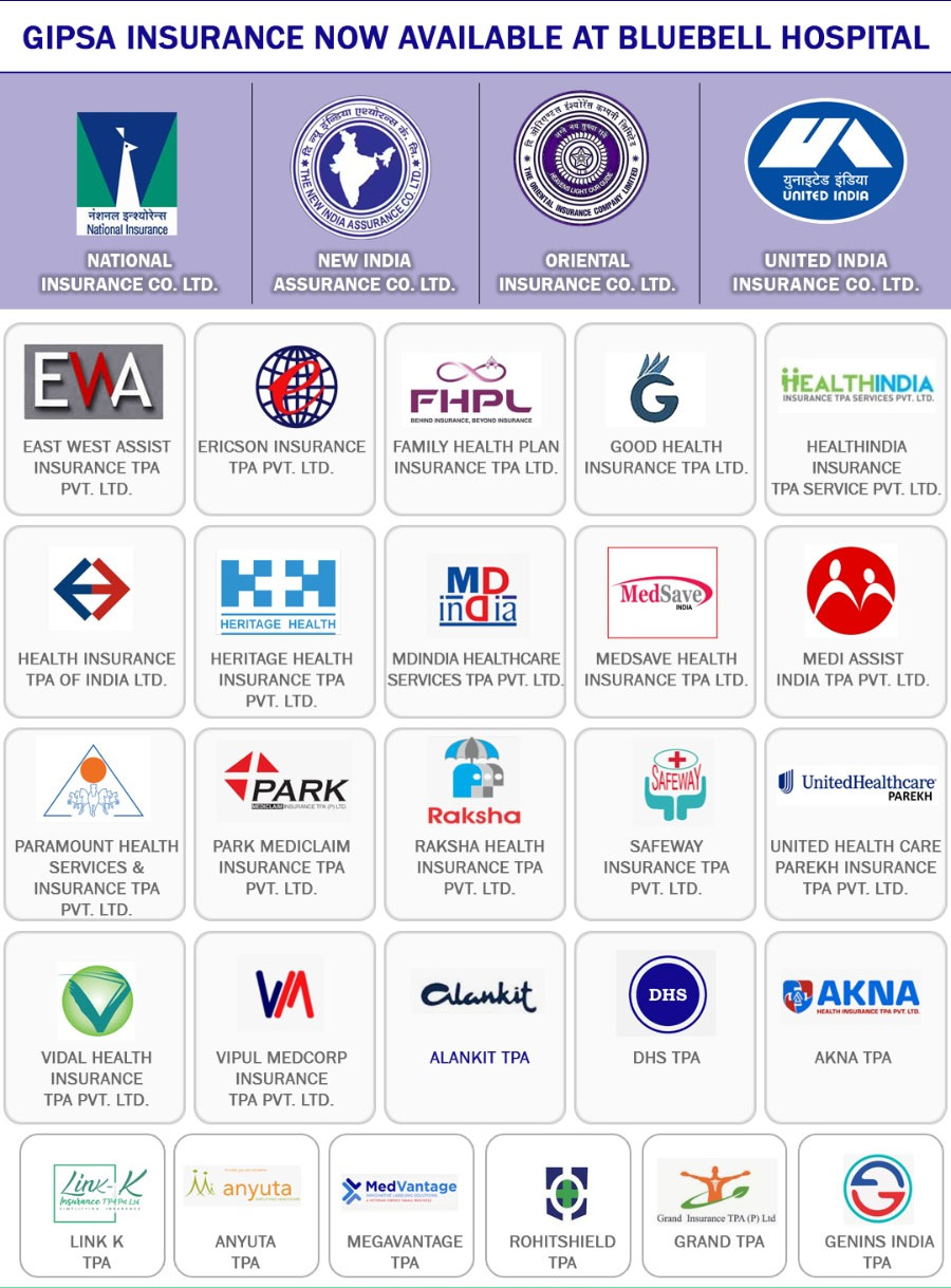 GIPSA insurance now available at Bluebell Hospital — National Insurance, New India Assurance, Oriental Insurance and United India Insurance, with their empanelled TPA network.